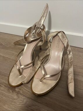 SCHUTZ Metallic Gold Wrap-Ankle Thong Heels